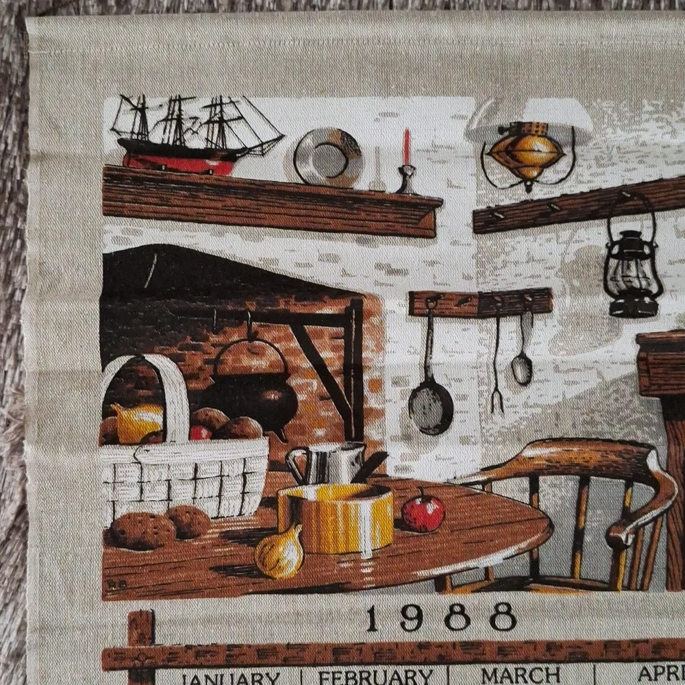 🪑 1988 fabric dish cloth towel wall hanging calendar w/original envelope, dowel